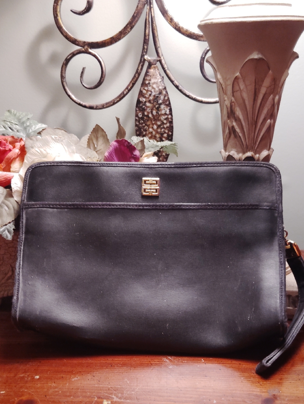 Givenchy Black Leather Wristlet with Gold Logo Plate